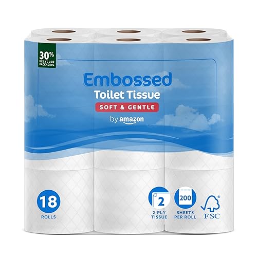 by Amazon Toilet Roll, 2-Ply Embossed, Soft and Gentle, 18 Rolls (Pack of 1), 200 Sheets per Roll, FSC Certified