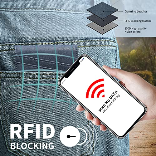 Damaikuan Slim Bifold Front Pocket Wallet For Men Minimalist RFID Blocking Leather Gift Blue 12 Cards Slots 1 ID Window Money Strap