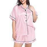 SWOMOG Women's Plus Size Pajama Set Silk Satin Pajamas Button Down Loungewear Short Sleeve Pjs 2 piece Sleepwear 16-28W