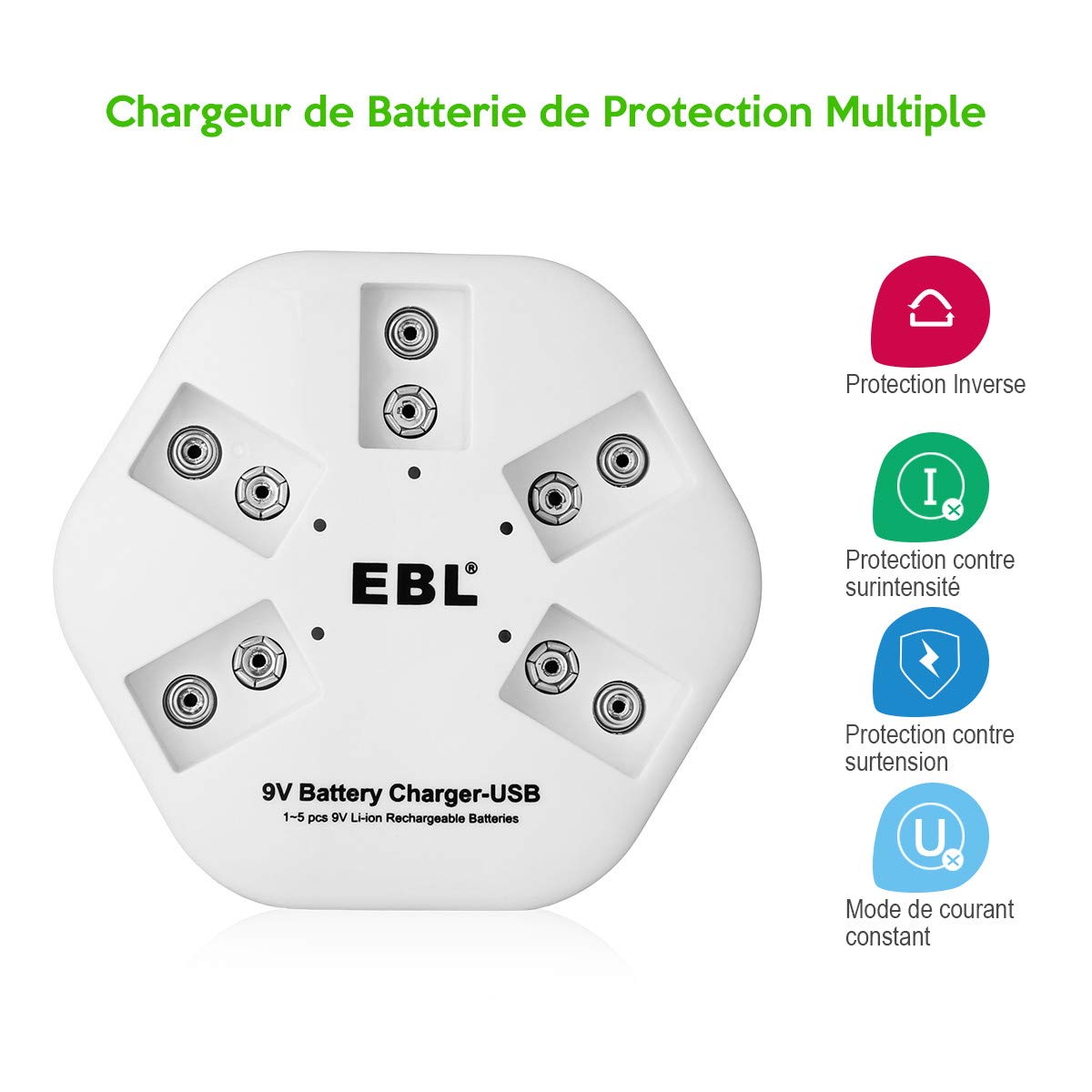 EBL chargeur de batteries rechargeables 9V lithium avec 5 slots de charge pour les piles 9V en lithium