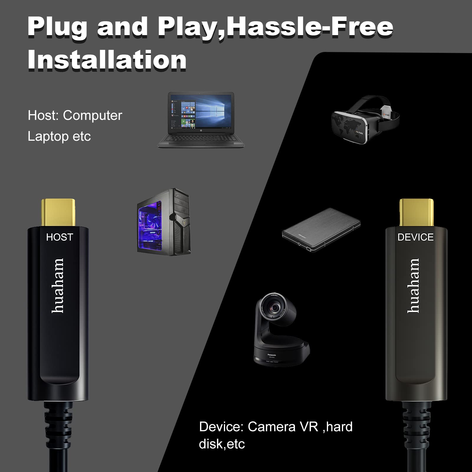 huaham USB C Fiber Optic Cable 33FT, 10Gbps USB 3.2 Gen2 USB C Cable, Ultra Slim & Long Distance Type C Cable with Germany SiliconLine Chip for Logitech 4K Camera,Video Conference,Industrial System
