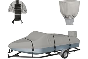 Nukugula Fully 900D Solution-Dyed 100% Waterproof Boat Cover 14-16ft, Heavy Duty Trailerable Bass Boat Cover 14-16 Foot V-Hull Tri-Hull Runabout Pro-Style Fishing Boat Cover with Motor Cover