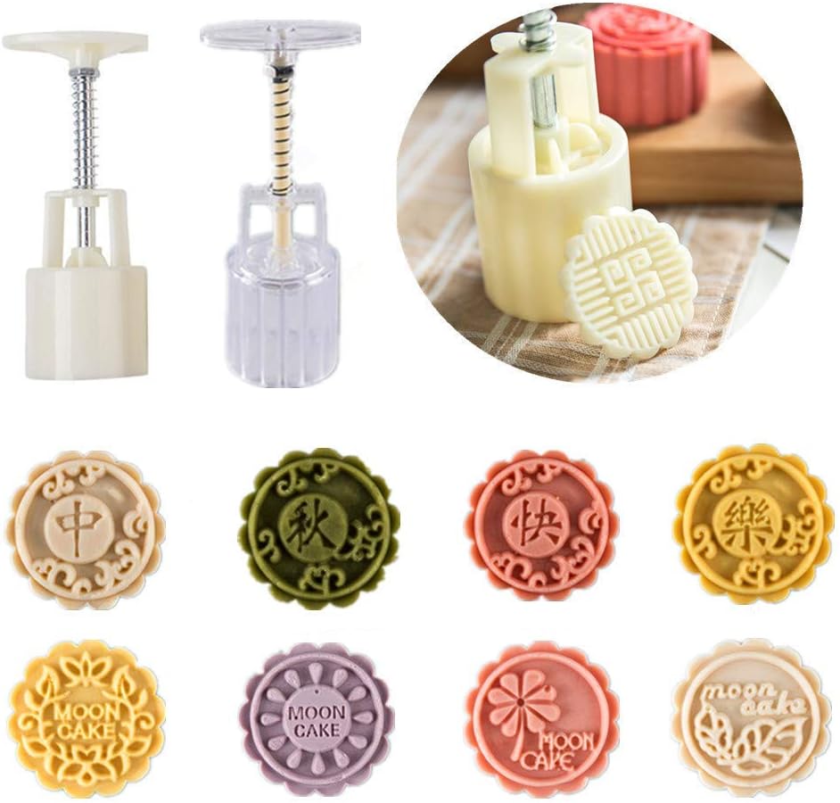 Amazon Com Hithopking 2 Sets Mooncake With 8 Stamps Mold Press 50g Mid Autumn Festival Hand Pressure Moon Cake Mould With Baking Diy Cookie Kitchen Dining