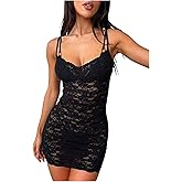 Floerns Women's Floral Lace Sheer Cami Dress Spaghetti Strap Bodycon Short Dresses Festival Outfits