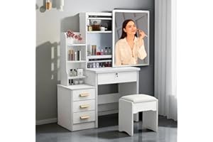 Zupemo Vanity Desk, Makeup Vanity Table with Mirror and Stool, Small Makeup Vanity Desk with 4 Drawer 3 Shelves Storage Unit, White Vanity Make Up Desk with No Lights for Bedroom Furniture