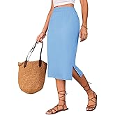 Naggoo Women's Straight Skirt Summer Casual Elastic Waisted Long Side Slit Midi Skirts Sky Blue S