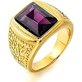 SINLEO Men's Stainless Steel Vintage Cubic Zirconia Signet Ring Black Red Green Emerald Color Square Stone Ring