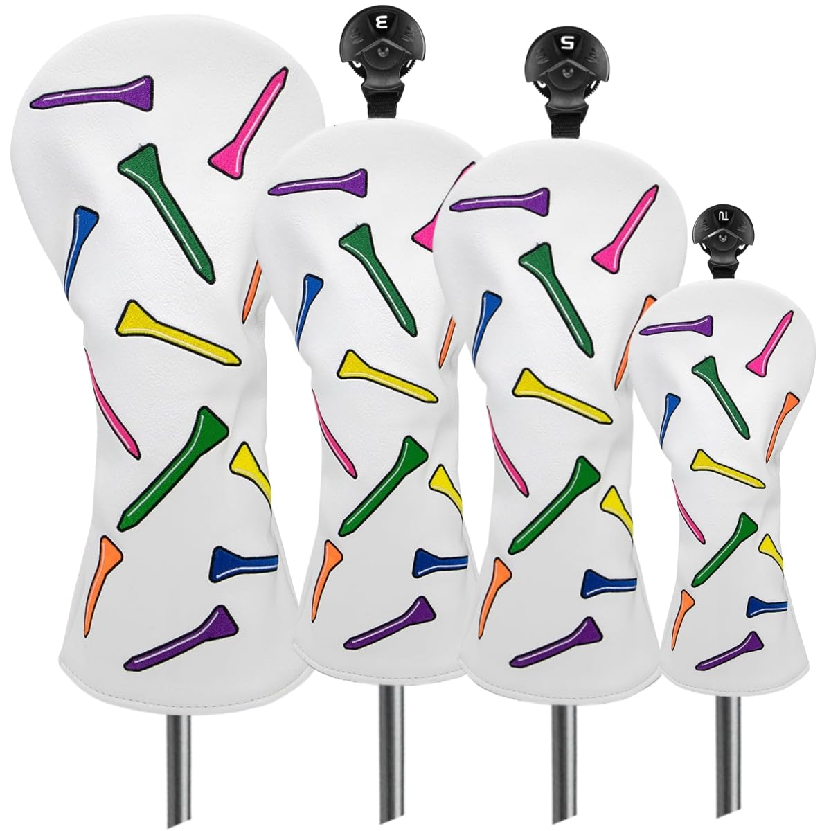 Photo 1 of ROYMADE Golf Club Covers Set Colorful Tees Design Driver Covers Fairway Wood Cover Hybrid Cover Leather Golf Wood Head Cover (Color T White (DR+FW+UT 4pcs))