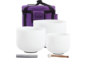 Leize Crystal Singing Bowl Tuned Quartz with Suede Striker Carry Case Bag, Set of 3 PCS 432HZ 6" A 8" F 10" C, Frosted White