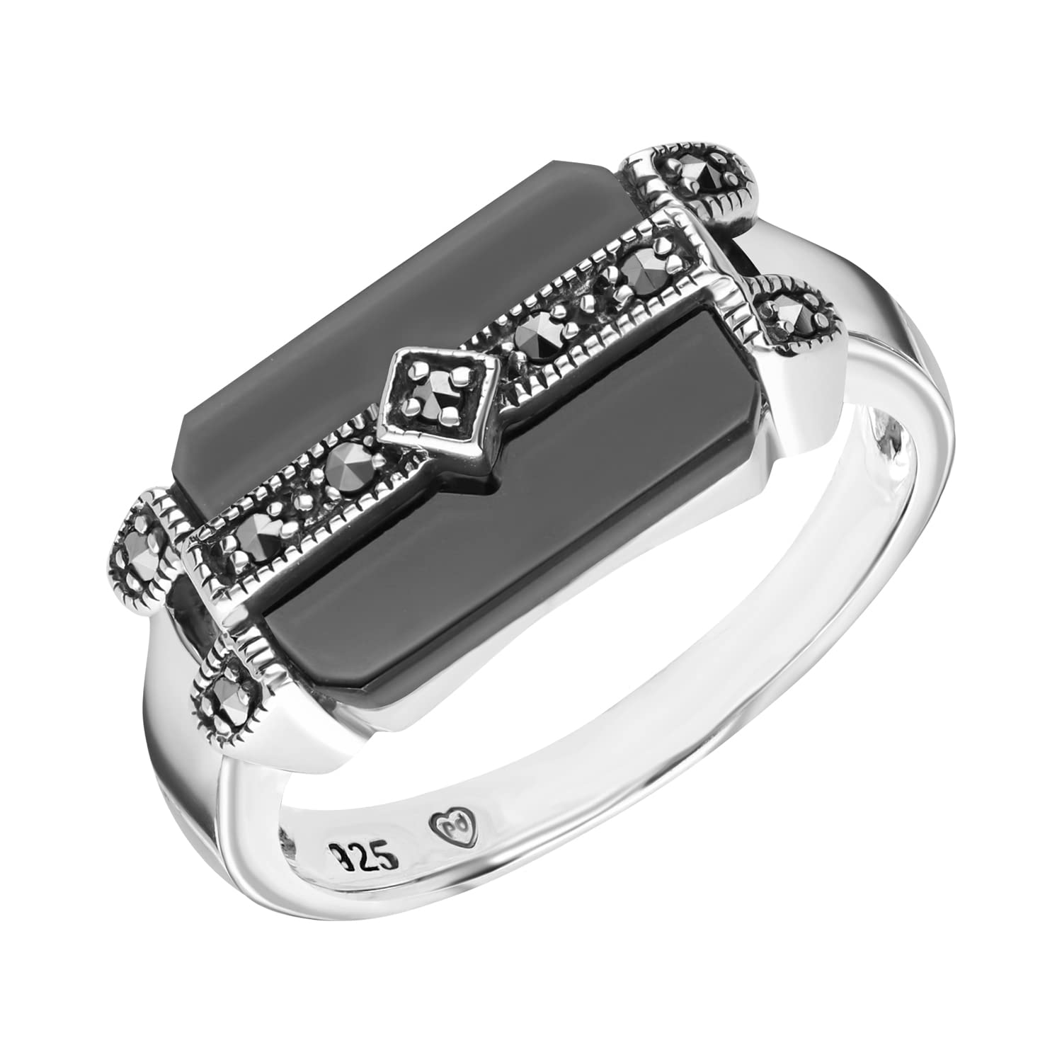 Esse Marcasite Sterling Silver Black Onyx and Marcasite Art Deco Ring - Size K