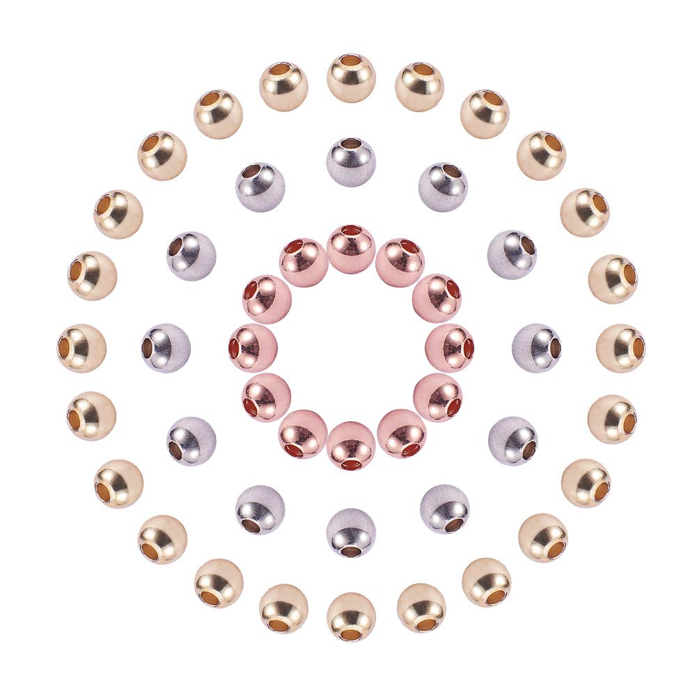Pandahall Elite 120 pcs Round Environmental Brass Beads Rondelle Beads with Large Hole for DIY Jewellery Making, Golden/Silver/Rose Gold, 4mm, Hole: 1.5-2mm