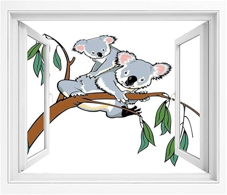 Amazon 熱帯動物 偽窓ステッカー 絵画風 Pvc壁紙 90x60 Cm 母と赤ちゃんコアラユーカリの木の枝に登る野生動物の森 風景画 アートポスタ 窓ポスター グレーブラウン ウォールステッカー オンライン通販
