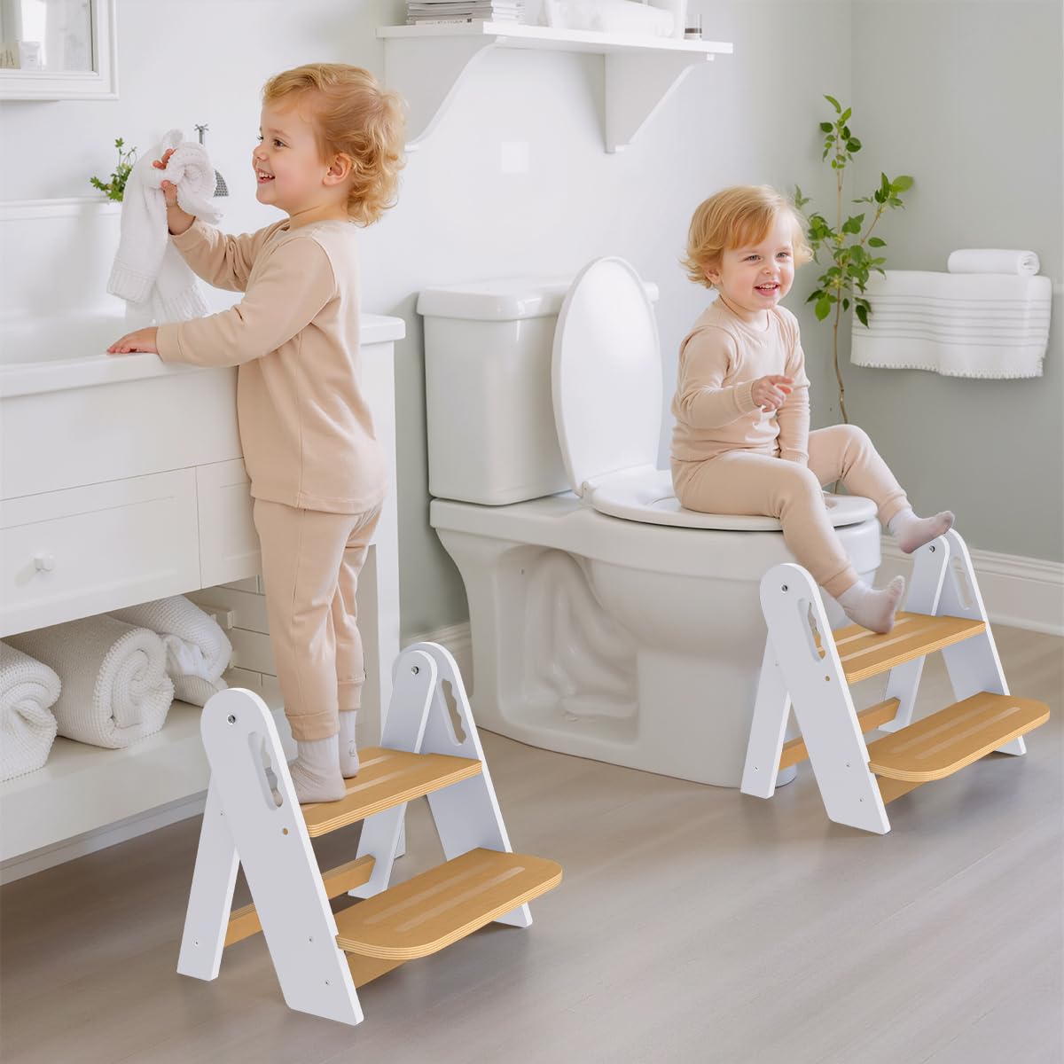 Photo 1 of **MINOR DAMAGE** Toddler Step Stool, Wooden Height-Adjustable 2 Step Stool for Kids, 2 in 1 Potty Training Stool with Safety Handles Non-Slip Pads for Bathroom Sink, Kitchen, Bedroom (White, Foldable)