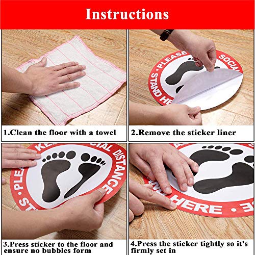 Social Distancing Floor Decals [10 Pack, 12\'\'], SZSY Waterproof Social Distancing Sign Adhesive Vinyl Safety Floor Stickers – Stand Here – for Business Work Hanging Out (Red)
