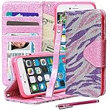 iPhone 6 Plus Case, iPhone 6 Plus Bling Flip Case, Style4U [Everlasting Shine] Zebra Design Premium PU Leather Stand Wallet Case with ID Credit Card / Cash Slots for Apple iPhone 6 Plus 5.5 Inch + 1 Stylus and 1 Screen Protector [Purple / Pink]