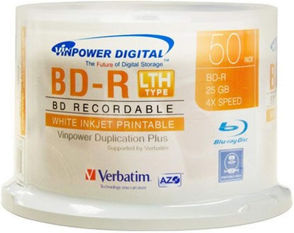 Vinpower Verbatim 97947 4x 25GB Gold BD-R LTH Single Layer Blu-ray White Inkjet Printable Recordable Media 50-Disc Spindle