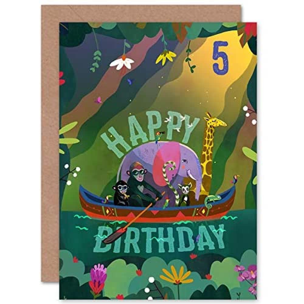 Wee Blue Coo Jungle Boat Kids 5th Birthday Card