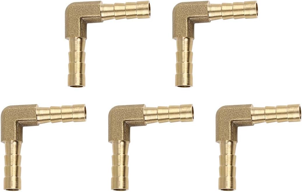 X AUTOHAUX 5mm Hose Barb Elbow 90 Degree Brass Fitting for Air Water Oil 5pcs, Gold Tone