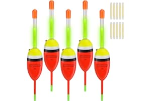 QualyQualy Lighted Fishing Slip Bobber 4-5Pcs Wood/EVA Fish Float + 8-10Pcs Glow Sticks, Night Fishing Light Up Slip Bobber for Crappie Bass Panfish Catfish Walleye