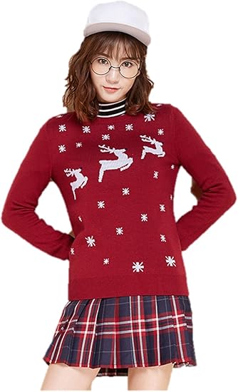 Amazon レディース ニットセーター アメカジ ヘッジセーター ノルディック柄 イラスト クリスマス トナカイ フロントロゴ刺繍 セーター かわいい 普段使い カジュアル 細身 スリム 着回し トップス 秋冬 K9965 S レッド セーター 通販