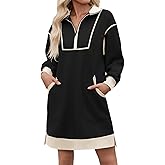 Wenrine Women's Oversized Sweatshirt Dress Half Zip V Neck Long Sleeve Contrast Fall Casual Mini Dresses