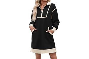 Wenrine Women's Oversized Sweatshirt Dress Half Zip V Neck Long Sleeve Contrast Fall Casual Mini Dresses