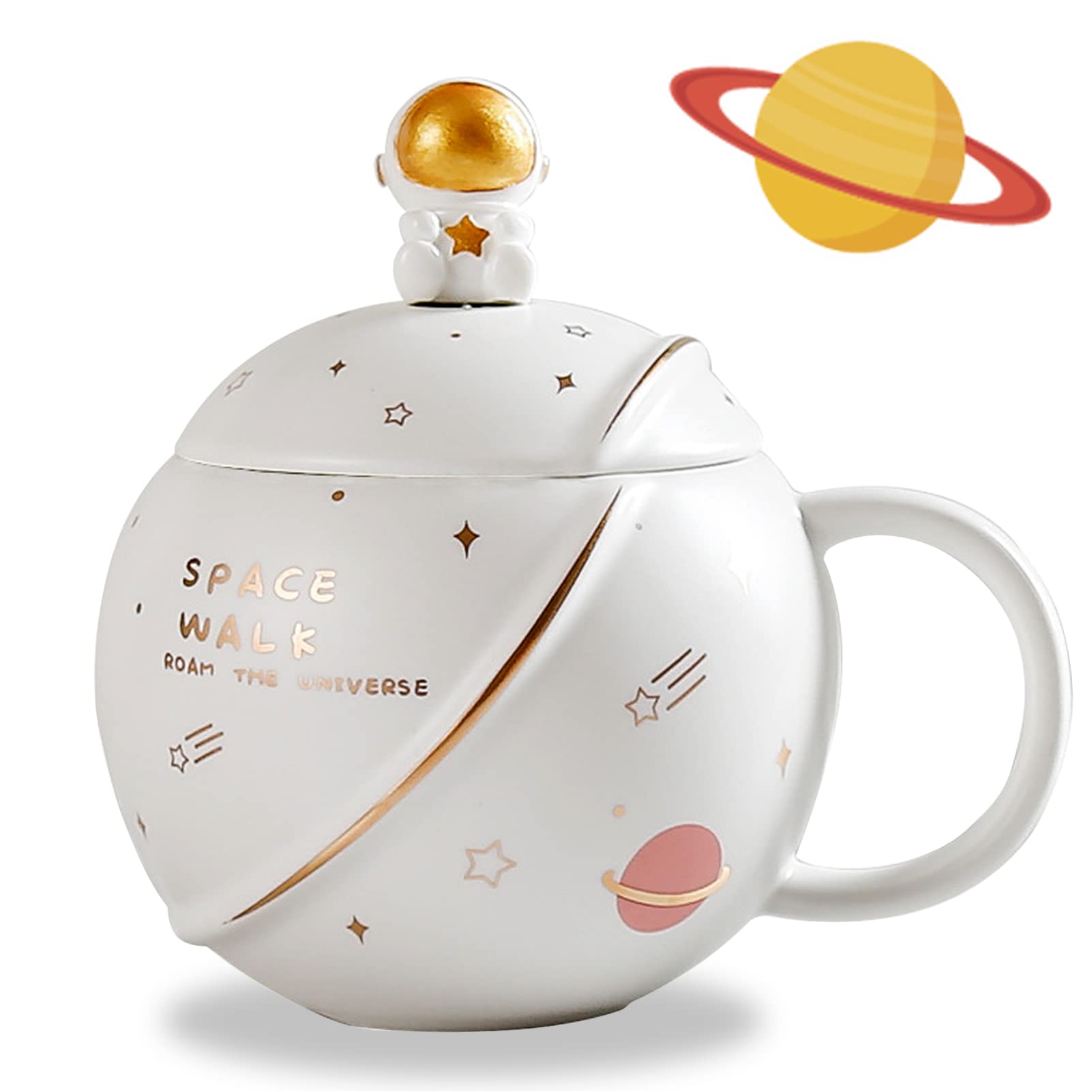 Cute Space Ceramic Mug, Kawaii Astronaut Coffee Cup, Funny Mugs with Lid and Spoon, Personalised Cups for Coffee, Tea and Milk, Mothers Day Gifts Mug, Birthday Gifts for Women/Kids, 400ML (White)