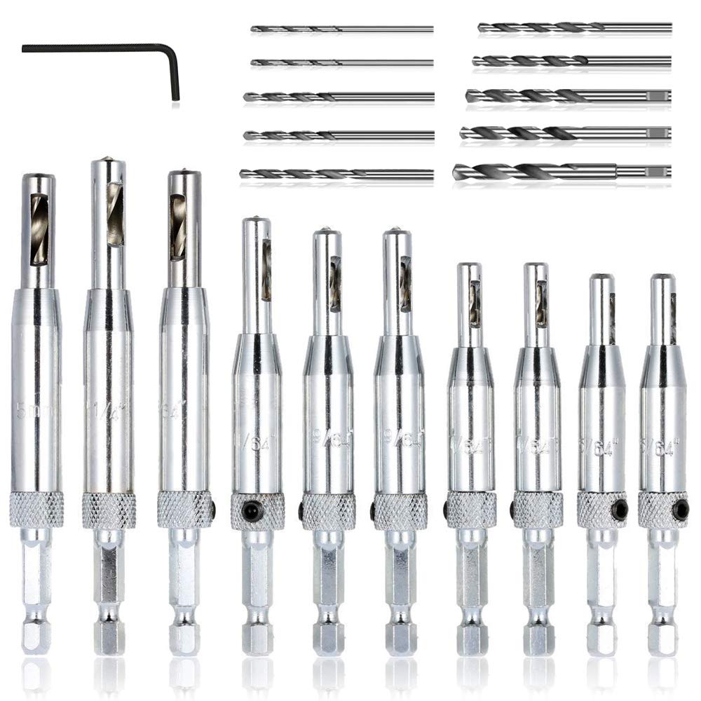 AFUNTA 21pcs Centre Drill Bit Set, Self-Centering Hinge Tapper Core Hole Punch 5/64" 7/64" 9/64" 11/64" 13/64" 5mm 1/4" and 1 Piece Hex Replacement Drill Bits for Keys and 10pcs