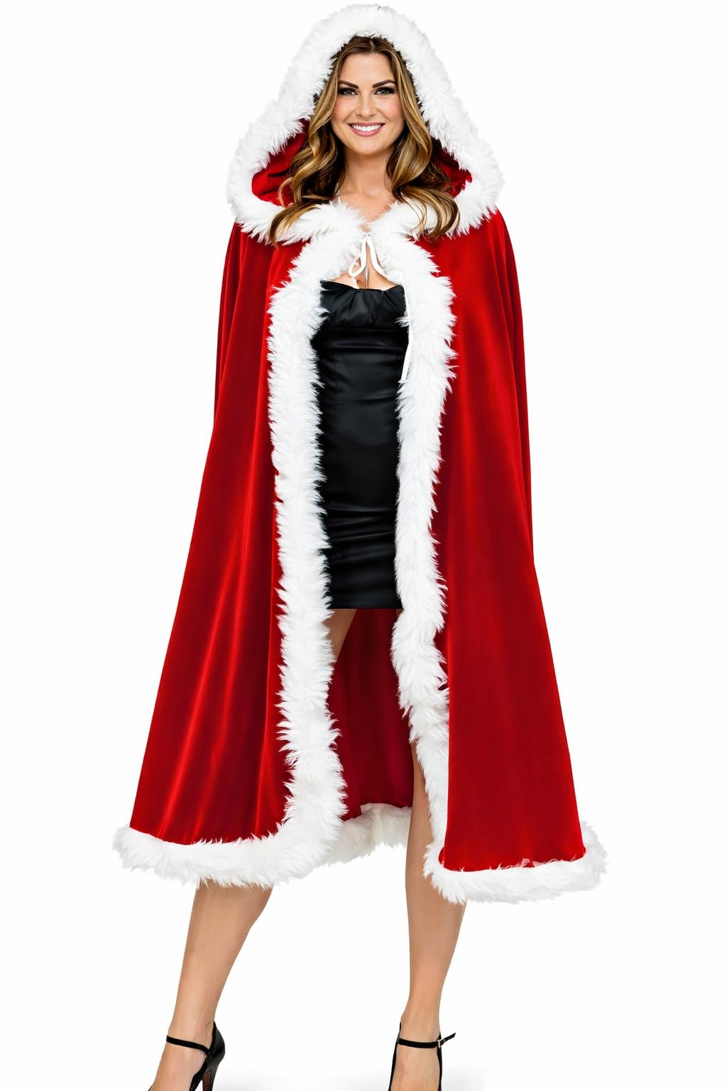 eBoutik - Mrs Santa Claus Red Soft Hooded Cloak with Snowball Tie's - Great For Festive Parties - Christmas Fancy Dress Costume Cape For Her - Xmas Jumper Day