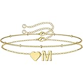 M MOOHAM Valentines Day Gifts for Kids Teen Girls -14K-Gold-Plated Heart Initial A-Z Bracelets for Women Girl Dainty Gold Bracelets Birthday Valentines Gifts for Women Her Teenage Girls Kid Teen Gift