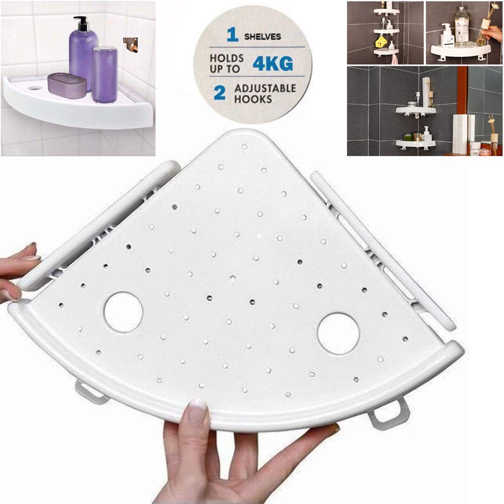 Corner Storage Holder Shelves, Snap Up Corner Shelf Organizer with No Screws Fan-Shaped Triangle Bathroom Kitchen Wall Corner Mount Storage Rack Shelf with Hooks Easy to Install