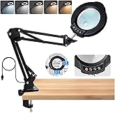 15X 10X Magnifying Glass with Light and Clamp, Magnifying Desk Lamp with Clamp, 5 Color Modes Dimmable with Swing Arm, Hands 