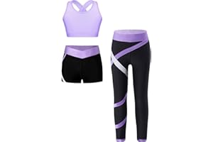 Hansber Kids Girla Dance Outfits Crop Top with Shorts Leggings 3 Pieces Outfits for Gymnastics Yoga Dancing