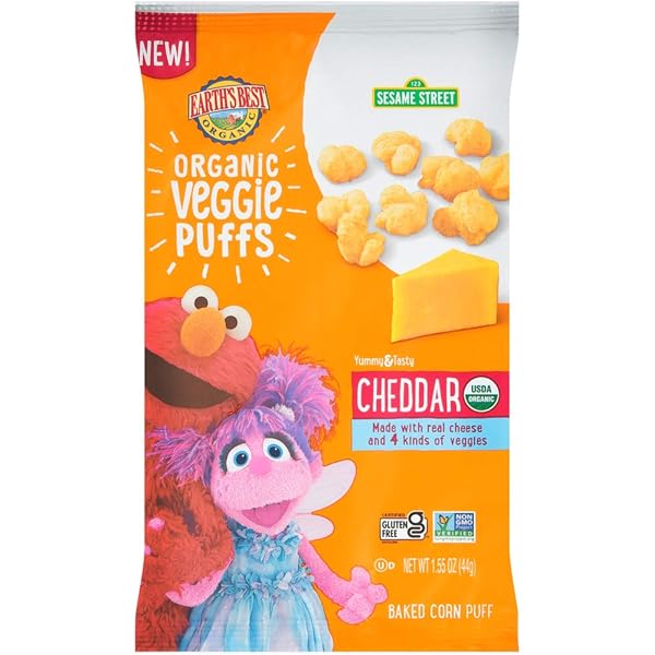 EARTH’S BEST ORGANIC VEGGIE PUFFS FOR TODDLERS 2 YEARS OLD AND UP, CHEDDAR FLAVOR, 1.55 OUNCE BAG
