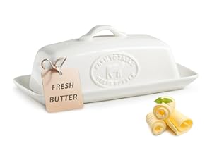 YHOJOY Cow Butter Dish, Ceramic Butter Dish with Lid for Countertop, White Butter Tray with Handle, Farmhouse Covered Butter Holder Container for East West Coast Butter Storage
