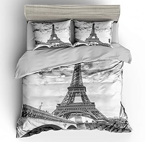 SHOMPE Queen Size Bedding Sets Paris Memory Eiffel Tower,3 Piece Duvet Cover Sets with Pillow Shams for Teens Boys Girls,NO Comforter