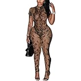 LXUAMR Sexy Jumpsuits for Women See Through Mesh Print Backless Bodycon Club Jumpsuit