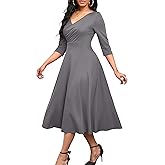 Nmoder Women's Casual Wrap Flared Midi Dress Wedding Guest Cocktail Tea Dresses A-Line Swing V-Neck 3/4 Sleeve