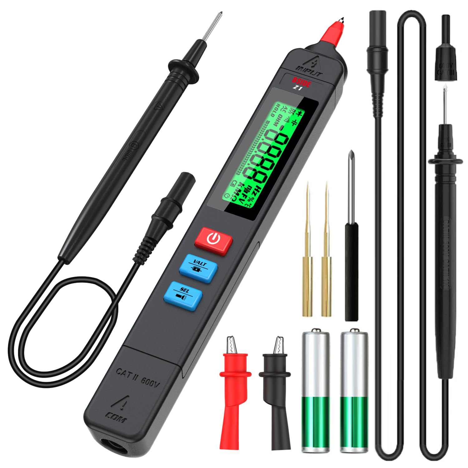 BSIDE Z1 Smart Digital Multimeter - Voltage Tester Kit with Auto Range, Capacitance & Diode Tester, Live Wire Detector, Alligator Clips, Back Probe Pins, 2m Test Cable