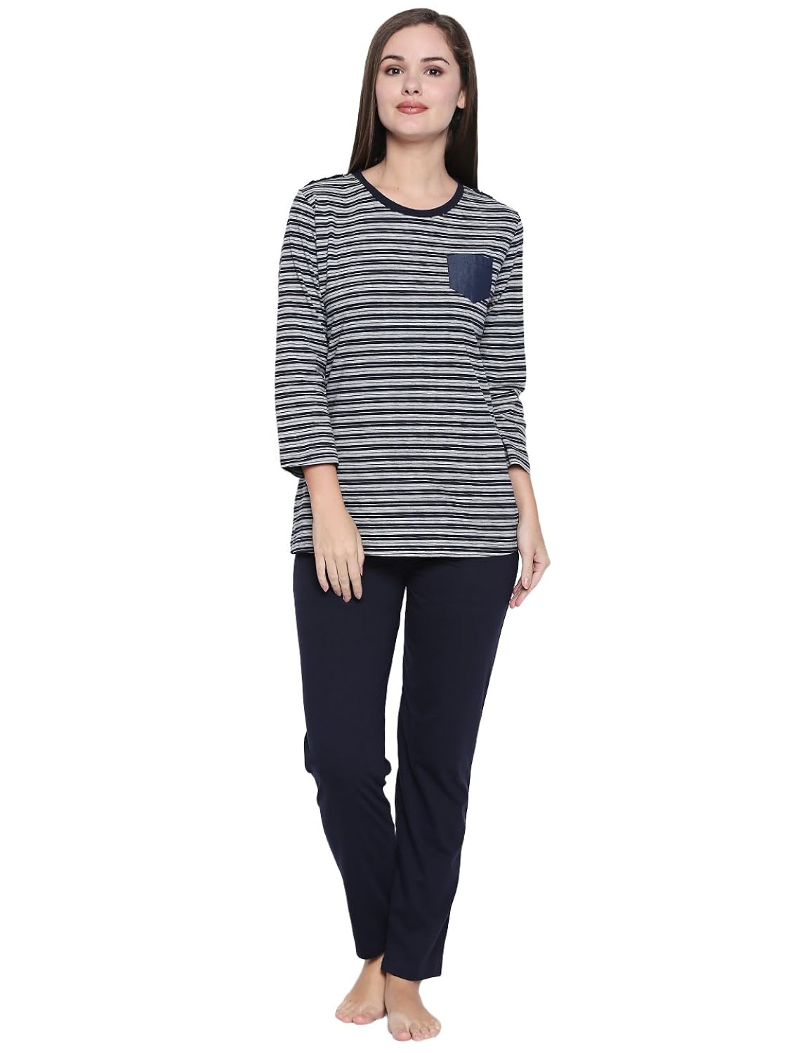 valentine women's navy blue lycra fabric 3/4th sleeves night suit