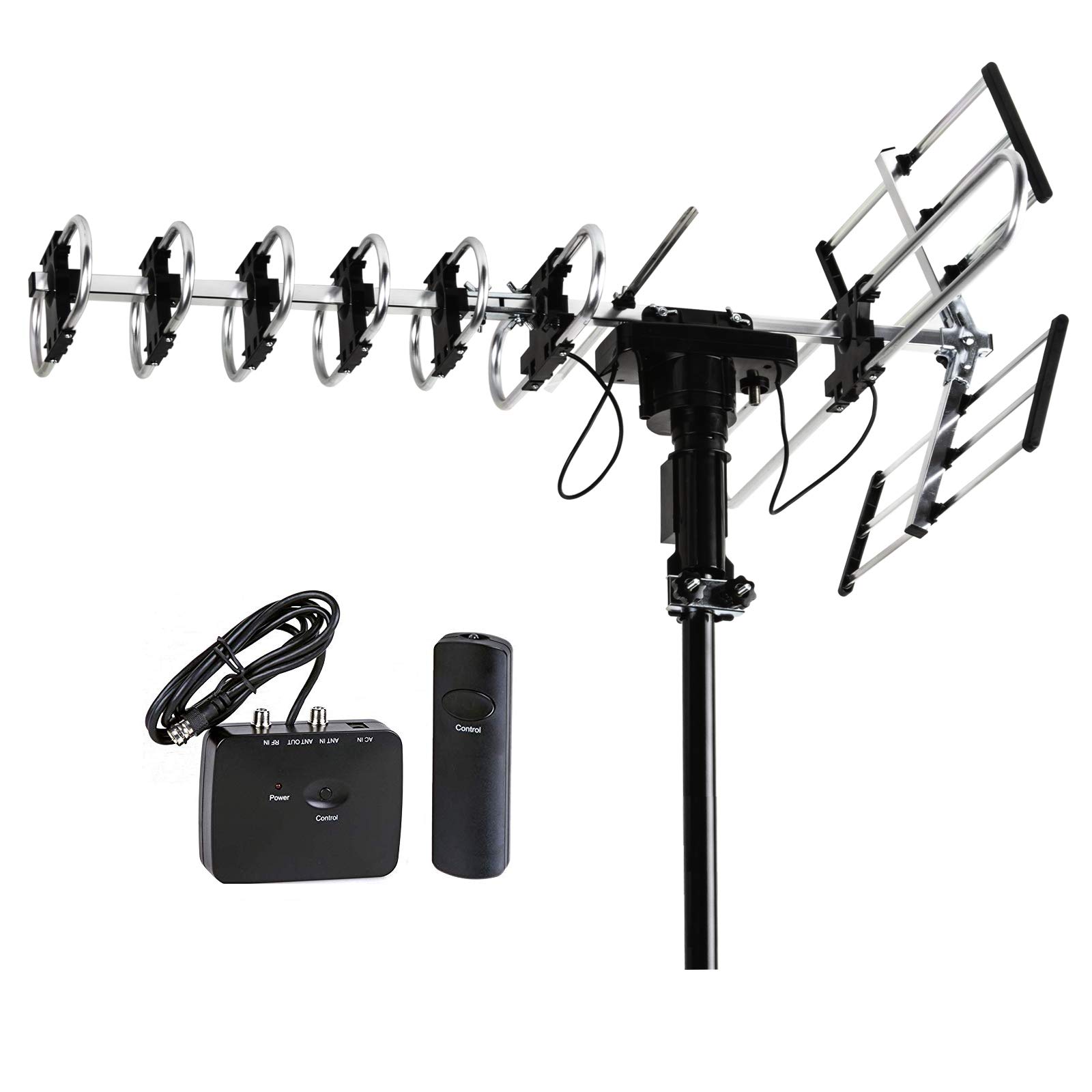 FiveStar Outdoor HD TV Antenna 2019 Newest Model Up to 200 Miles Long Range with Motorized 360 Degree Rotation, UHF/VHF/FM Radio with Infrared Remote Control Advanced Design
