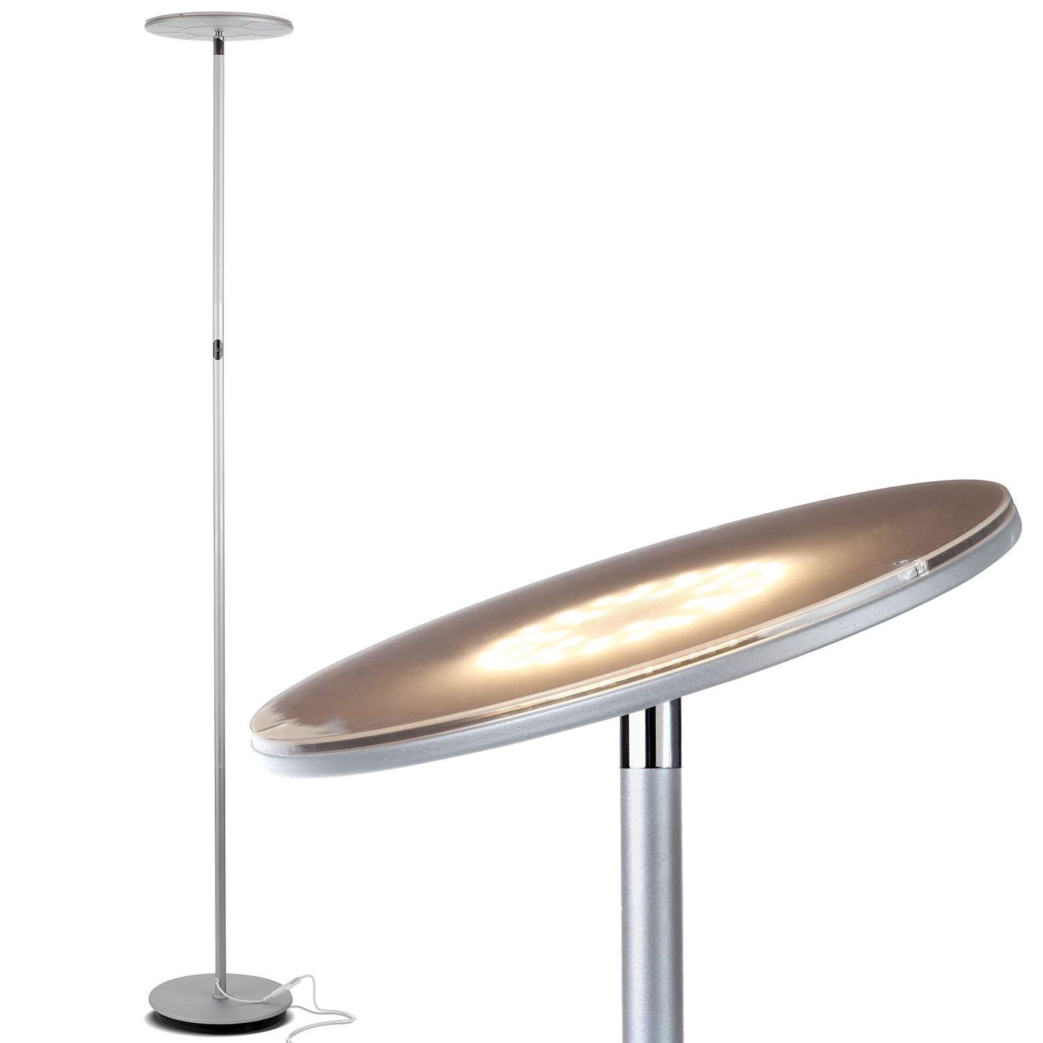 Brightech Sky Flux Dimmable LED Floor Lamp – Super Bright Floor Lamp for Living Room and Offices – Torchiere Standing Lamp with 3 Light Options, Tall Lamp for Bedroom Reading and More - Silver