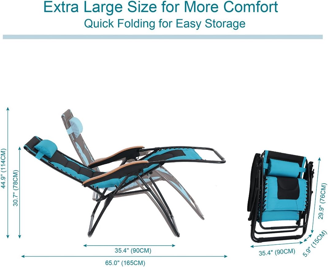 PHI VILLA Oversize XL Padded Zero Gravity Lounge Chair Wide Armrest Adjustable Recliner with Cup Holder, Support 350 LBS (Aqua) : Garden & Outdoor