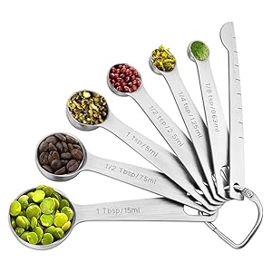 Molecee Measuring Spoons Set Stainless Steel - 7 Pieces Kitchen Aid Metal Spoons includes Teaspoon and Tablespoon Engraved with Leveler and Ring Holder, Measuring Tiny Dry and Liquid Ingredients