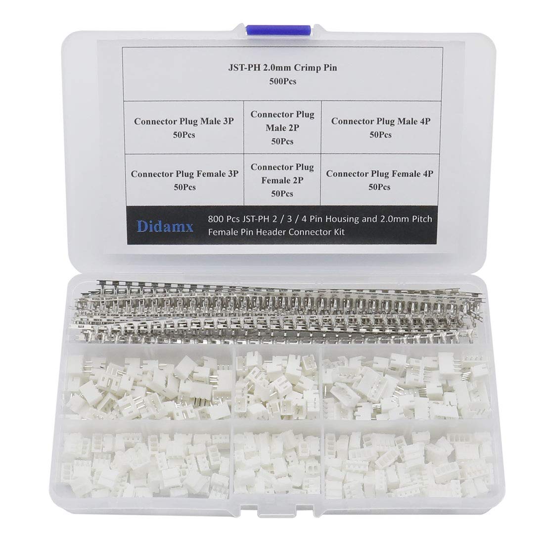 Didamx 800Pcs JST PH 2.0 Connector 2.0mm Pitch 2/3/4 Pin Male Female Housing Plug and Female Pin Crimp Terminal Connector Kit