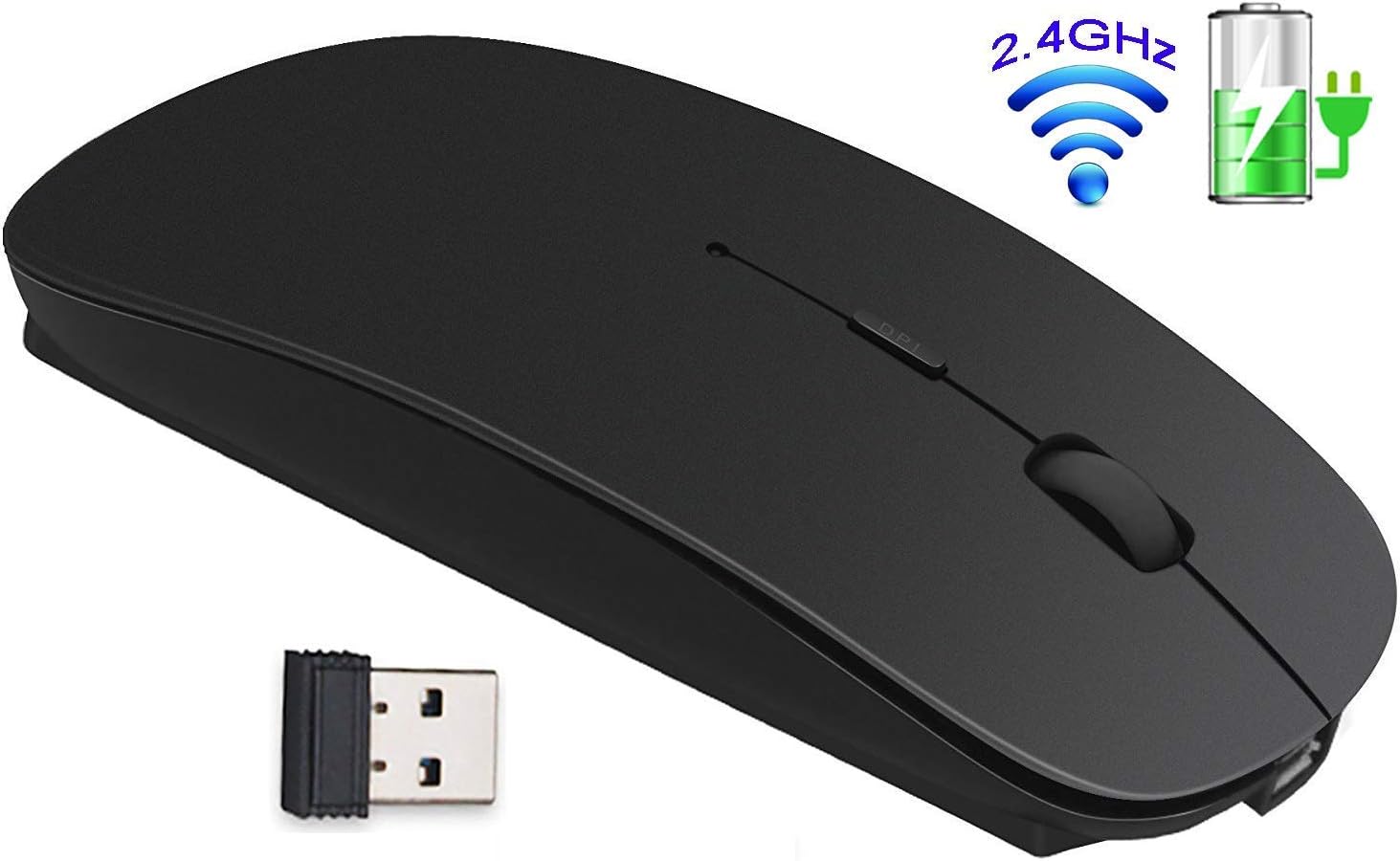 Rechargeable 2.4G Slim Wireless Mouse - Tsmine Optical Mice with USB Nano Receiver(Stored Within the Back of the Mouse) for Notebook, PC, Laptop, Computer, Windows / Android Tablet - Black