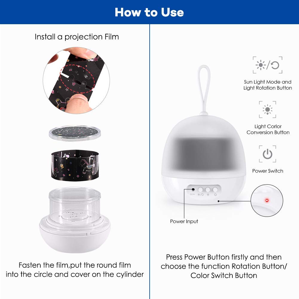 [NOVITÀ 2019] Lampada Proiettore di Stelle, 4 Set Projector Films 8 modalità di illuminazione Lampada per luci notturne a LED 360° Rotating, per Cameretta per bambini Decorazione