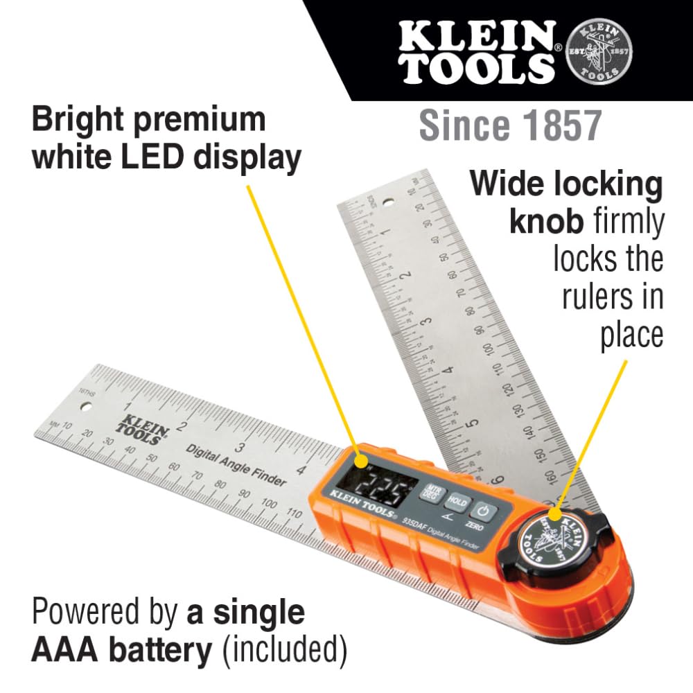 KLEIN TOOLS 935DAF Digital Angle Finder, Precision Measurements, Miter Saw Protractor Angle Calculation and Portable Design