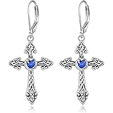 Cross Earrings 925 Sterling Silver Vintage Retro Cross Dangle Drop Leverback Earrings with Heart Birthstone Religion Jewelry Christians Gifts for Women