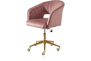 Kiztir Velvet Home Office Chair, Modern Swivel Desk Chair with Gold Base, Round Solid Wheel, Adjustable Vanity Chair for Study, Living Room, Bedroom (Bean Paste Red)